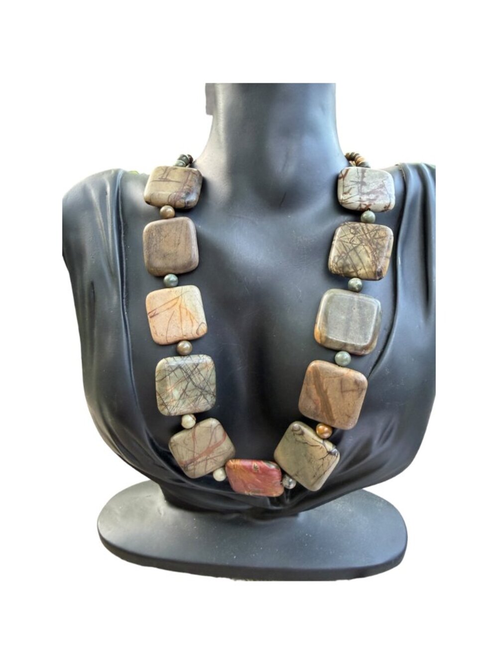 Vintage Jasper Stone Necklace Earthy Square Beads With Toggle Clasp Handmade - Picture 5 of 7